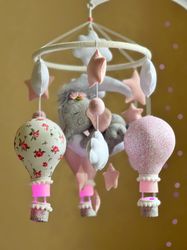 Hot air balloon mobile elephant, Baby mobile girl, Musical felt mobile, Crib mobile Bebe