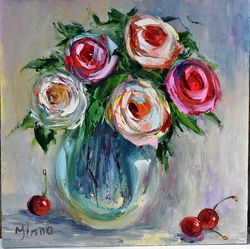 Roses in a vase. Painting flowers. Roses for interior decor. Gift painting of roses.