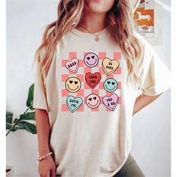 Smiley Candy Hearts Valentine Comfort Colors Shirt, Conversation Hearts Valentine Shirt, Retro Groovy Valentine Shirt,Fu