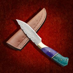 skinner knife custom handmade damascus steel bowie hunting knife with leather sheath hunting knife hand forged mk3431m