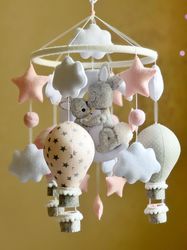 Bunny mobile crib, Nursery mobile felt, Baby mobile, Baby girl mobile, Hot air balloon mobile, Nursery decor, Baby girl