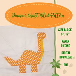 Dinosaur Quilt Block Pattern Foundation Paper Piecing PDF Little Foot Dino Diplodocus Jurassic World Quilt