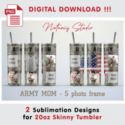 2 army mom photo frame templates - seamless sublimation patterns - 20oz skinny tumbler - full tumbler wrap