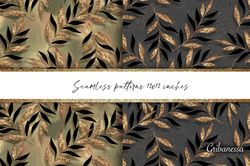 Seamless patterns with gold and black leaves