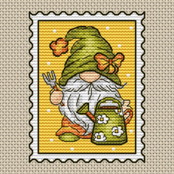 Garden gnome postage stamp cross stitch pattern PDF, Gnome cross stitch, Spring gnome, Spring cross stitch pattern
