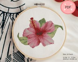Pink Hibiscus Cross Stitch Pattern, Pdf ,Instant Download , Floral X Stitch Chart ,Watercolor Tropical Flower,Hawaii