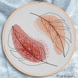 Feathers cross stitch pattern, Boho cross stitch, Mid century cross stitch, Counted cross stitch chart, Easy embroidery