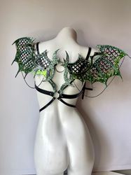 harness with dragon wings, women's genuine leather harness, angel wings harness, white wings, black wings, whip and cake