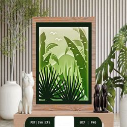 Tropical Plants 3D Paper Cut SVG, Shadow Box Template, Paper Cutting Template, Light Box SVG Files, 3D Papercut Lightbox