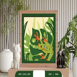 Frog in Tropical Forest 3D Shadow Box, Shadow Box Template, Paper Cutting Template, Light Box SVG Files, 3D Papercut Lig