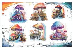 Watercolor Mushroom Bright Colors Digital File PNG