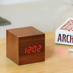 4-in-1 modern digital alarm clock | led wooden cube clock | real wood digital cube alarm | sleek bedside wood clock
