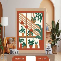 House Full of Plant 3D Light Box, Shadow Box Template, Paper Cutting Template, Light Box SVG Files, 3D Papercut Lightbox