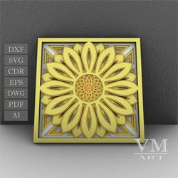 F20 - Layered Sunflower SVG, 3D Sunflower Mandala, Laser cut file Mandala DXF file, Layered Mandala SVG for Cricut