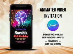 Disco Birthday Video Invitation, Animated Invitation, Disco Night Party Animated Video Invitation Canva Editable