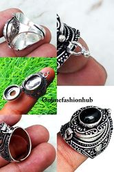 Black Onyx Gemstone Silver Plated 1PC Adjustable Poison Ring, Secret Ring For Gift, Handmade Pill Box Ring Jewelry