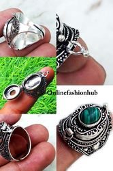 Malachite Gemstone Silver Plated 1PC Adjustable Poison Ring, Secret Ring For Gift, Handmade Pill Box Ring Jewelry