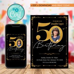 editable 50th birthday invitation with photo, 50 and and fabulous birthday invitation
