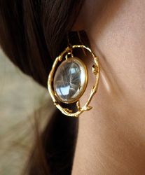 Pressed dandelion flower earrings, Gold stainless steel earrings, Circle branch copper earrings