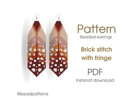 Earring pattern for beading - Brick stitch pattern for beaded fringe earrings - Instant download. Bead weaving. Feather