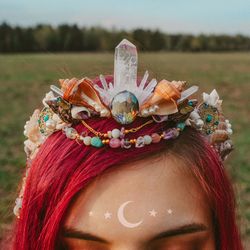 Breathe Mermaid Crown - Bohemian festival tiara with shells and clear quartz crystals, hippie headband