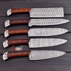 UNIQUE CUSTOM HAND FORGED CHEF KNIFE SET OF 5 WITH LEATHER BAG , KITCHEN CHEF KNIFE SET