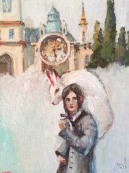 Girl with a rabbit on the background of a castle original oil painting on 3d stretched canvas 12x16 inc