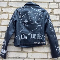 Painted leather jacket with quotes Jeans jacket Personalized jacket