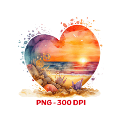 Gorgeous Watercolor Beach Heart Sunset Seashells Starfish Download-PNG 300 DPI-Sublimation|DTF Printing|Heat Transfer