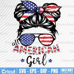 4th of July png, Patriotic Girl Png, All American Girls 4th of July Shirt Daughter Messy Bun USA Png, 4th of July Png,