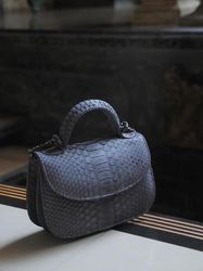 Genuine Python Skin Top Handle Gray Crossbody Bag |  Exotic Leather Bags | Snakeprint Bag | Handmade Designer Bag | Gift