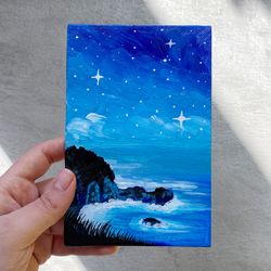 original ocean painting, waves blue landscape acrylic painting, small painting on canvas board, birthday gift