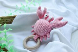 Pink crochet crab baby rattle on wooden ring for newborn gifts