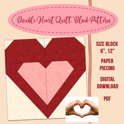 Double Heart Quilt Block Pattern PDF FPP Foundation Paper Piecing Hearts Patchwork Pattern Block