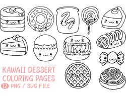 kawaii desserts | coloring pages | png | svg | clipart | cute | donut | cake | tart | for adult | sticker | printable