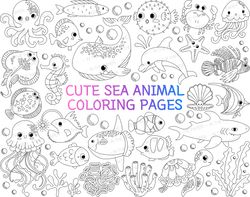Cute Sea Animal Coloring Pages For Kid | SVG, PNG, Fish, whale, seahorse, pearl, clam, starfish, crab, flounder, monkfis