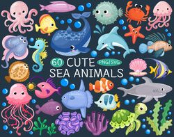 Sea Animals SVG | Cute Fish PNG, Shark, Clip art, Stingray, Octopus, Jellyfish, Nemo, Seaweed, Shellfish, Ocean, Sealife