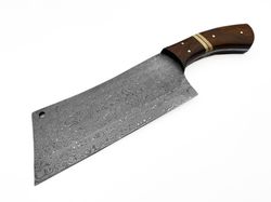 Custom Handmade Damascus Steel Hunting Cleaver knife with Sheath, Wood Handle.