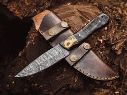 Handmade Damascus Steel Hunting Knife Ram Horn Handle With Leather Sheath ME-05