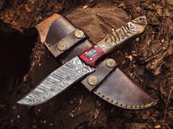 Handmade Damascus Steel Hunting Knife Ram Horn Handle With Leather Sheath ME-08