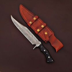 HANDMADE FORGED DAMASCUS STEEL HUNTING KNIFE GROOMING KNIFE WITH LEATHER SHEATH,
