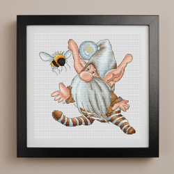 Gnome with bee cross stitch pattern PDF, Gnome cross stitch, Bee cross stitch, Best friends, Summer cross stitch