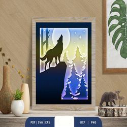 Wolf in the Forest 3D Shadow Box SVG, Shadow Box Template, Paper Cutting Template, Light Box SVG Files, 3D Papercut Ligh