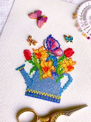 SPRING FLOWERS IN A WATERING CAN cross stitch pattern PDF by CrossStitchingForFun Instant Download