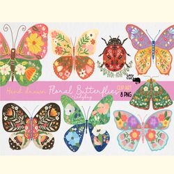 Hand Drawn Floral Butterfly PNG Bundle