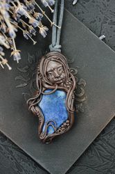 Goddess handmade pendant. Pendant with lapis lazuli. Jewelry polymer clay