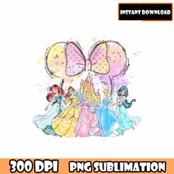 watercolor disney princess png, watercolor castle, mouse balloon, mouse castle png, castle sublimation