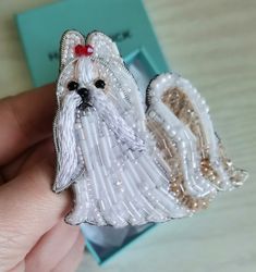 Shih-Tzu jewelry brooch beaded, dog show number clip, white dog jewelry,  pet portrait jewelry