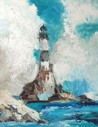 Lighthouse Painting Oil Original Seascape Art Impasto Lighthouse Artwork by OlivKan