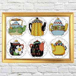 cross stitch pattern collection of teapots | kitchen embroidery | modern pattern | easy embroidery pattern | pdf